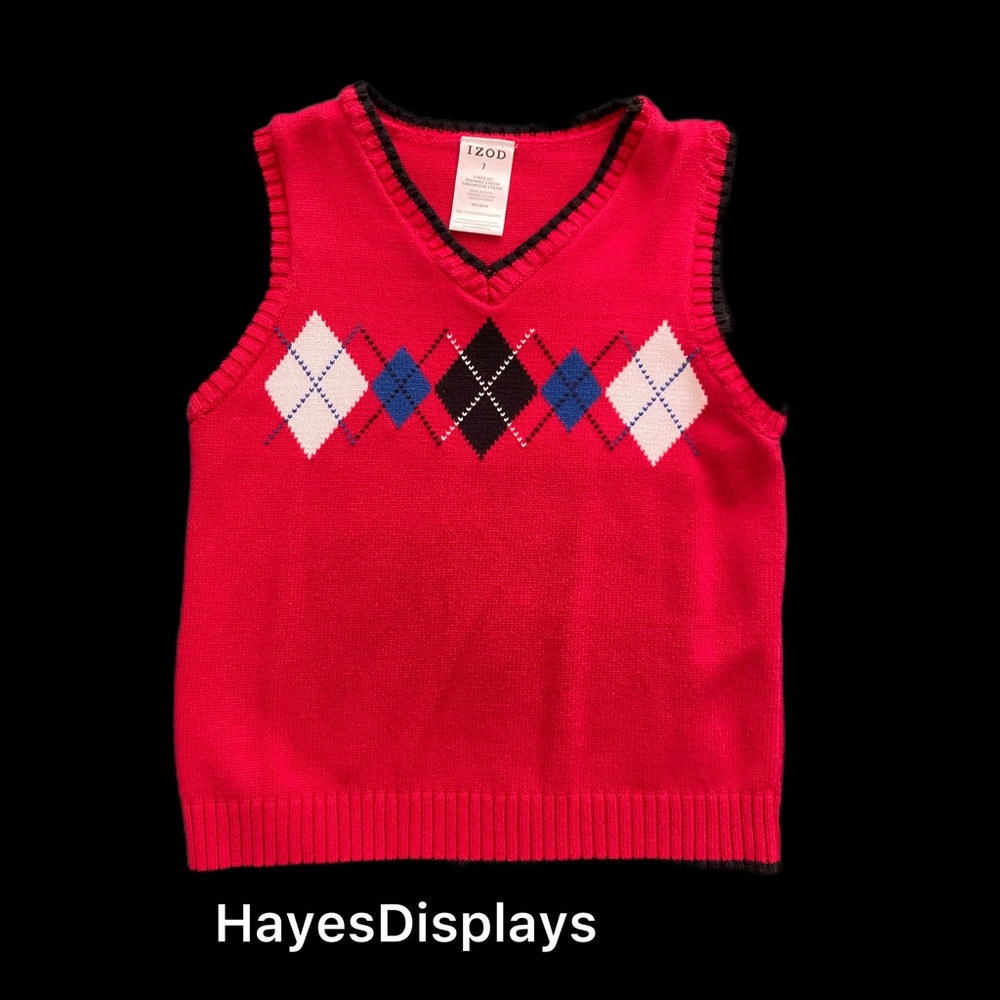 IZOD Boy's Size 7 White Red Blue Black Argyle Vest Knit Sweater Preppy Prep
